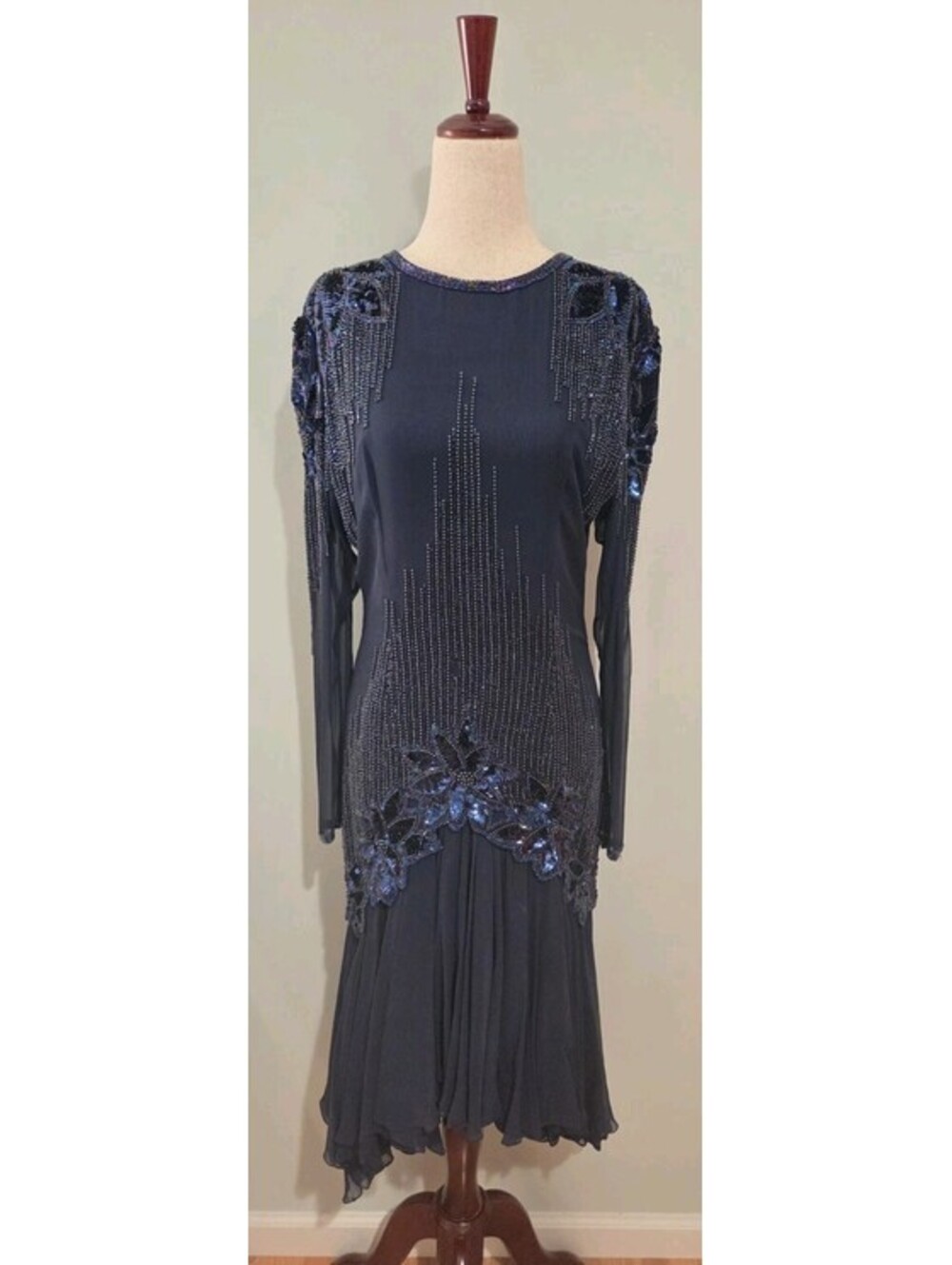 Talk Of The Walk Atlantic City Sz 12 Blue Drop Waist Beaded Sequin Midi Dress